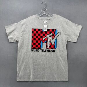 MTV Music Television T-Shirt Checkerboard Logo Graphic Heather Grey Large NEW